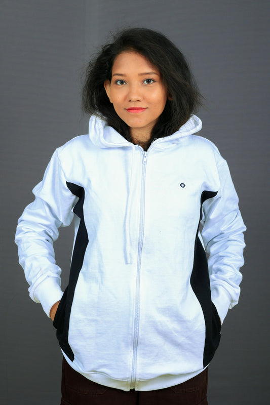 Women's Zipped Black Border White Hoodie